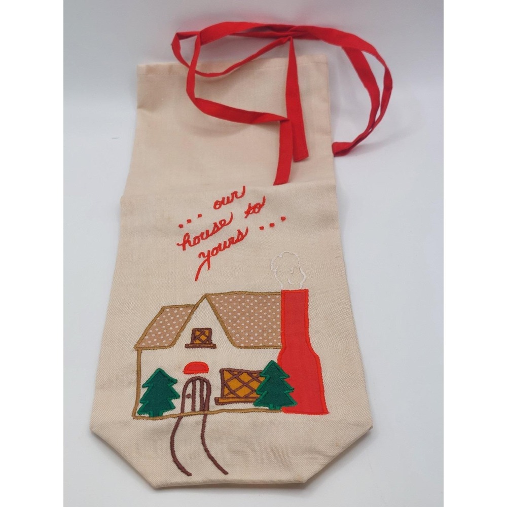 Vintage Christmas Wine Bottle Gift Bag Embroidered House Folk Art Cottagecore